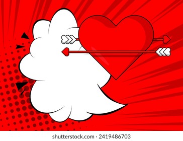 Cartoon Arrow Heart and speech bubble sign, comic book Valentine's Day Symbol. Retro vector comics pop art design.
