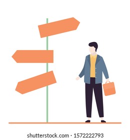 Cartoon arrow pointers and businessman makes a choice. Crossroad and Choosing the path to success concept. Male character isolated on white background.Flat vector illustration