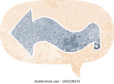 cartoon arrow with speech bubble in grunge distressed retro textured style