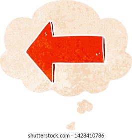 cartoon arrow with thought bubble in grunge distressed retro textured style