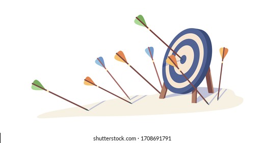 Cartoon arrows missed hitting target mark isolated on white background. Multiple fail inaccurate attempt hit archery goal vector illustration. Concept of business strategy and challenge failure