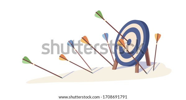 Cartoon arrows missed hitting target mark\
isolated on white background. Multiple fail inaccurate attempt hit\
archery goal vector illustration. Concept of business strategy and\
challenge failure