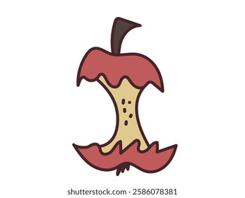 Cartoon Art of Apple Core Isolated on White Background. Simple Doodle of Eaten Apple with Seeds and Red Peel. Concept of Food Waste, Organic Recycling, Minimalist Fruit Design Element, Trash Symbol