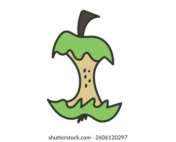 Cartoon Art of Apple Core Isolated on White Background. Simple Doodle of Eaten Apple with Seeds and Green Peel. Concept of Food Waste, Organic Recycling, Minimalist Fruit Design Element, Trash Symbol.