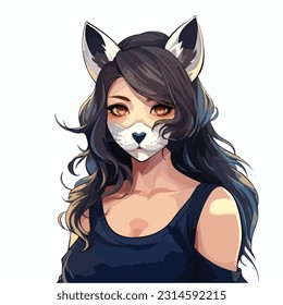 Cartoon art female with kitsunemask coloed backround