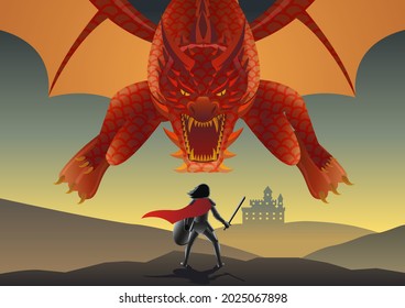 Cartoon art of fiction with knight fighting with dragon,vector illustration