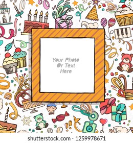 Cartoon Art Style. Decorative birthday vector template frame. This photo frame you can use for kids picture, funny photos, card and memories. Scrapbook design concept. Insert your picture.