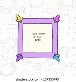 Cartoon Art Style. Decorative comic vector template frame. This photo frame you can use for kids picture, funny photos, card and memories. Scrapbook design concept. Insert your picture.