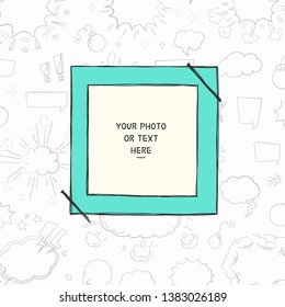 Cartoon Art Style. Decorative comic vector template frame. This photo frame you can use for kids picture, funny photos, card and memories. Scrapbook design concept. Insert your picture.