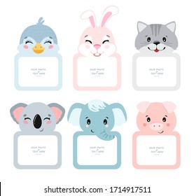 Cartoon Art Style. Decorative Head Animal Vector Template Frames. Those Photo Frames You Can Use For Kids Picture, Funny Photos, Notes, Card And Memories. Scrapbook Design Concept. Insert Your Picture