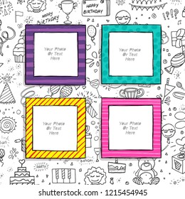 Cartoon Art Styles. Decorative birthday vector template frames. These photo frames you can use for kids picture, funny photos, card and memories. Scrapbook design concept. Insert your picture.