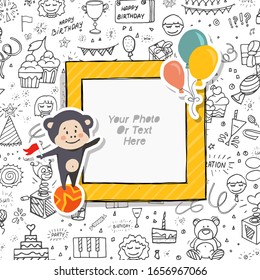 Cartoon Art Styles. Decorative party vector template frame. This photo frame you can use for kid picture, funny photo, card and memories. Scrapbook design concept. Insert your picture.