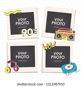 Cartoon Art Styles. Template frames back to 90 vector illustration. This photo frame you can use for kids picture, funny photos, card and memories. Scrapbook design concept. Insert your picture.