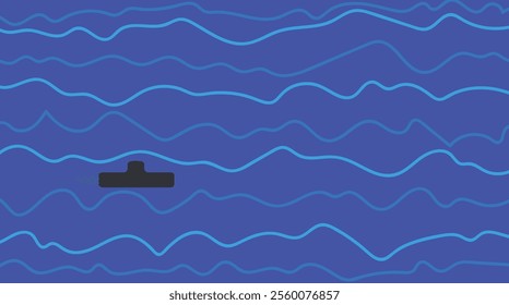 Cartoon art where there is an underwater world or depth with wavy lines. There is also a submarine floating there.