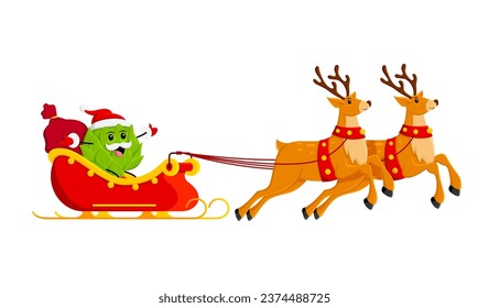 Cartoon artichoke vegetable character on Santa sleigh. Christmas veggie personage donning red Claus costume, joyfully riding reindeer sled with gifts bag. Vector Noel at whimsical Xmas holiday scene