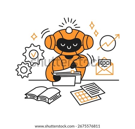 Cartoon artificial intelligence in cheerful orange and black colors organizing documents on desk. Surrounded by books and charts, it conveys productivity and efficiency in a digital setting.
