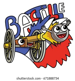 Cartoon artillery cannon shot kernel vector illustration. French translation of the inscription: Bastille day! 