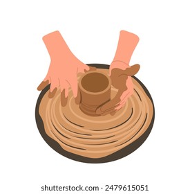 Cartoon artisan hands shaping traditional clayware at pottery class isolated on white background