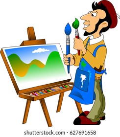 Cartoon artist in beret with palette and brush, vector