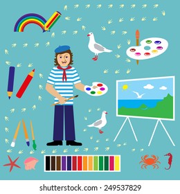 Cartoon artist man. Vector clip art illustration with simple gradients. All in a single layer.