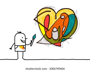 Cartoon Artist Painting a Modern Style Heart