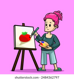 Cartoon Artist Painting on Canvas Digital Vector Art