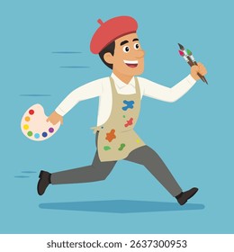 Cartoon artist running joyfully with a paint palette in one hand and brushes in the other. He wears a red beret and a paint stained apron, symbolizing creativity, inspiration, and passion for art.