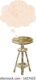taburete de caricaturistas con burbuja de pensamiento en un estilo retro angustiado y con textura estrafalaria