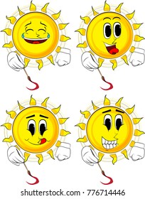 Cartoon artist sun painting. Collection with happy faces. Expressions vector set.