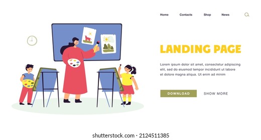 Cartoon artist teaching kids art of drawing. Flat vector illustration. Teacher and children painting pictures with brushes on easels in school class. Education, lesson, art, childhood concept