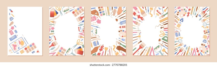Cartoon artist tool kit background template with flat white rectangle space. Vertical art supplies frame as cute painting and drawing layout. Color stationery set suits school craft class, study