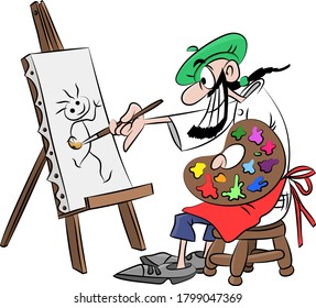 Cartoon artist working on a canvas painting a picture vector illustration