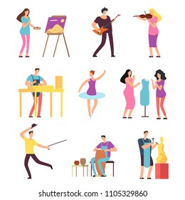 Cartoon artists and musicians vector isolated characters in creative artistic hobbies. People hobby, artistic drawing and playing, amateur painter and sculpture illustration