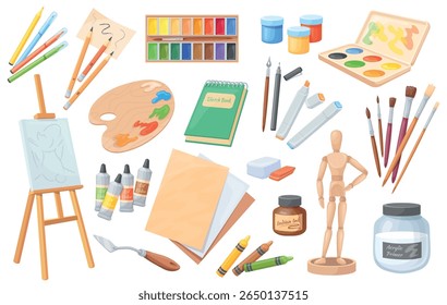 Cartoon artists tools. Painter art school supplies set, brush easel color palette artist craft tool paintbrush pen pencil canvas iol tube watercolor paints neat vector illustration original artwork