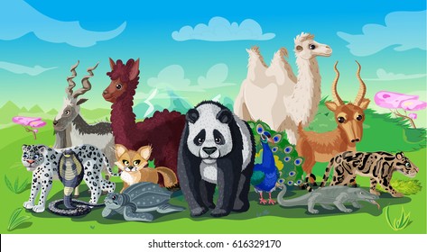 Cartoon asian animals template with mammals reptiles and peacock on nature landscape vector illustration