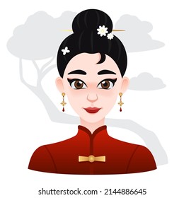 Cartoon Asian Beautifull Woman.  Black Hair With Flowers Clip On Top. Oriental Illustration For Web, Game Or Advertisign