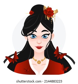 Cartoon Asian Beautifull Woman. Long Black Hair With Flowers Clip On Top. Geisha Illustration Forweb. Game Or Advertisign