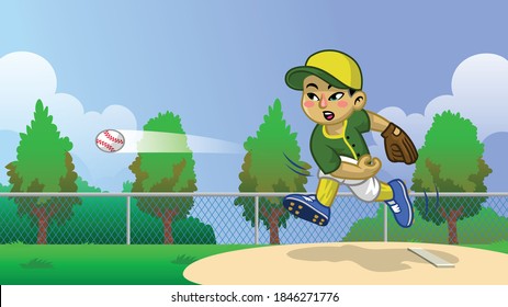 cartoon of asian boy baseball player on the field