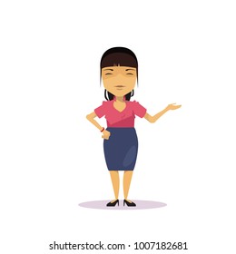 Cartoon Asian Business Woman Holding Hand Gesture Presenting Or Showing Isolated Over White Background Flat Vector Illustration