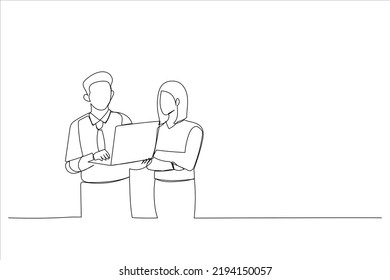 Cartoon of asian businessman and businesswoman looking at laptop computer. Continuous line art
