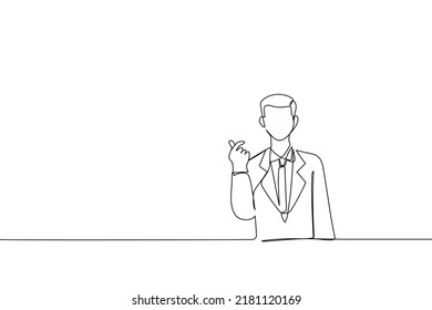 Cartoon of Asian businessman showing mini heart or heart shaped hands gesture blank copy space. Continuous line art
