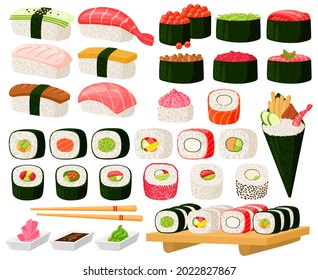 Cartoon asian cuisine rolls, sushi, sashimi dishes. Japanese oriental cuisine, seaweed, rice, fish and meat meals vector illustration set. Traditional sushi dishes in assortment with vegetables