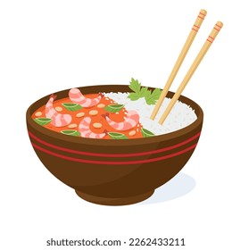 Cartoon asian food bowl. Korean or Japanese dish, rice and shrimps, traditional asian cuisine flat vector illustration