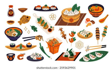 Cartoon asian food. Traditional japanese, chinese and korean cuisine dishes, cutlery, seasonings, sauces, exotic taste, soup and onigiri, noodles with seafood, garish vector isolated menu set