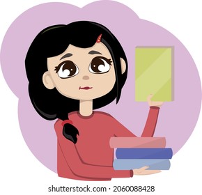 Cartoon asian girl holds books in her hand and looks at the book