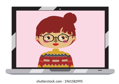 Cartoon asian girl on laptop screen, chatting online, distance technology concept.