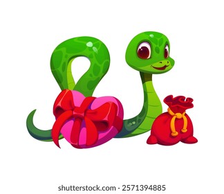 Cartoon Asian green snake character with red money pouch and heart shaped gift box, symbolizing prosperity and love feelings for valentine day. Vector reptile personage celebrating romantic event