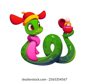 Cartoon Asian green snake in red traditional Chinese winter hat and a pink scarf, presenting a ring in a red box for proposal. Vector cute reptile snake character with love feelings for valentine day