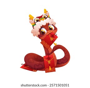 Cartoon asian horoscope snake character with Chinese New Year holiday gift red envelopes. Lunar calendar zodiac animal vector personage of cute snake with dragon hat, holiday money pockets, lucky coin