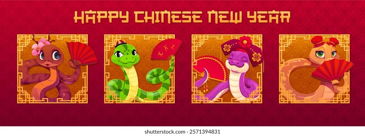 Cartoon Asian horoscope snakes, Chinese new year holiday banners with funny cute reptile characters holding red traditional fans within square frames on red background, symbolizing prosperity for 2025